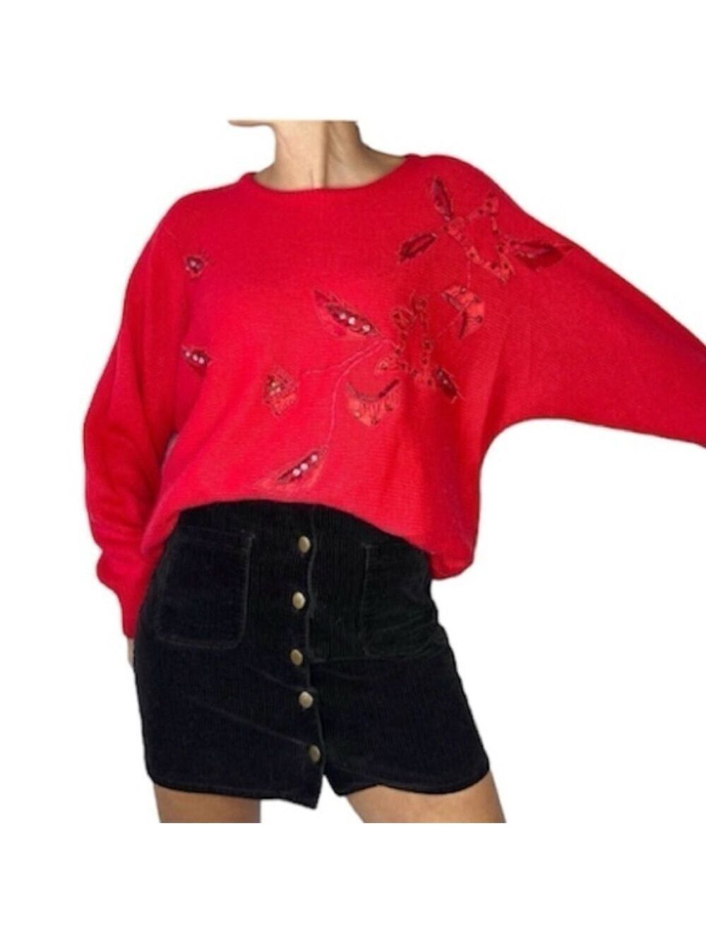 Vintage Red Floral Embroidered Dolman Sleeve Sweater 44